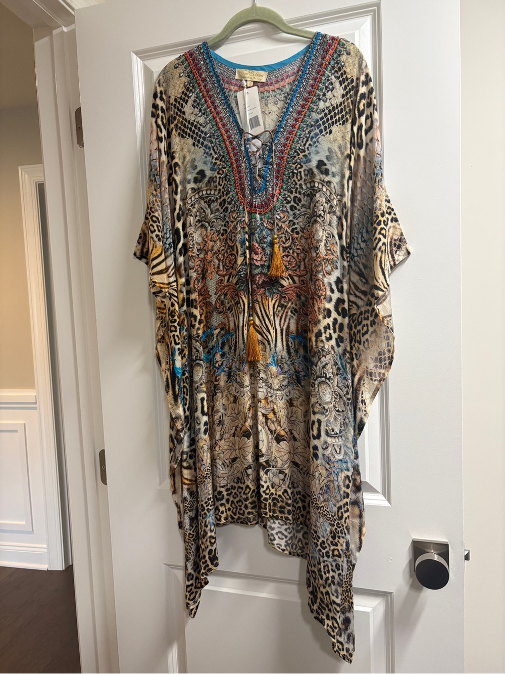 Embellished Animal Print Cover Up with Tassel Tie
